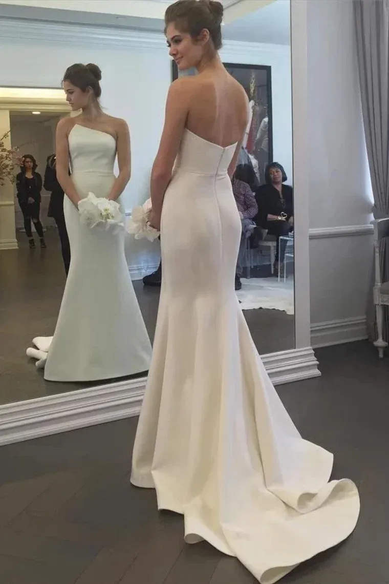 Mermaid Simple Strapless Elegant Ivory Sweep Train Wedding Dresses