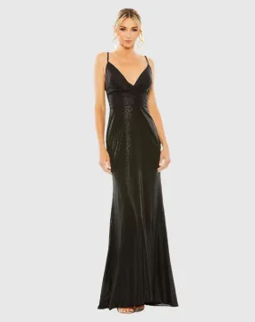 Metallic faux wrap spaghetti strap gown - Black
