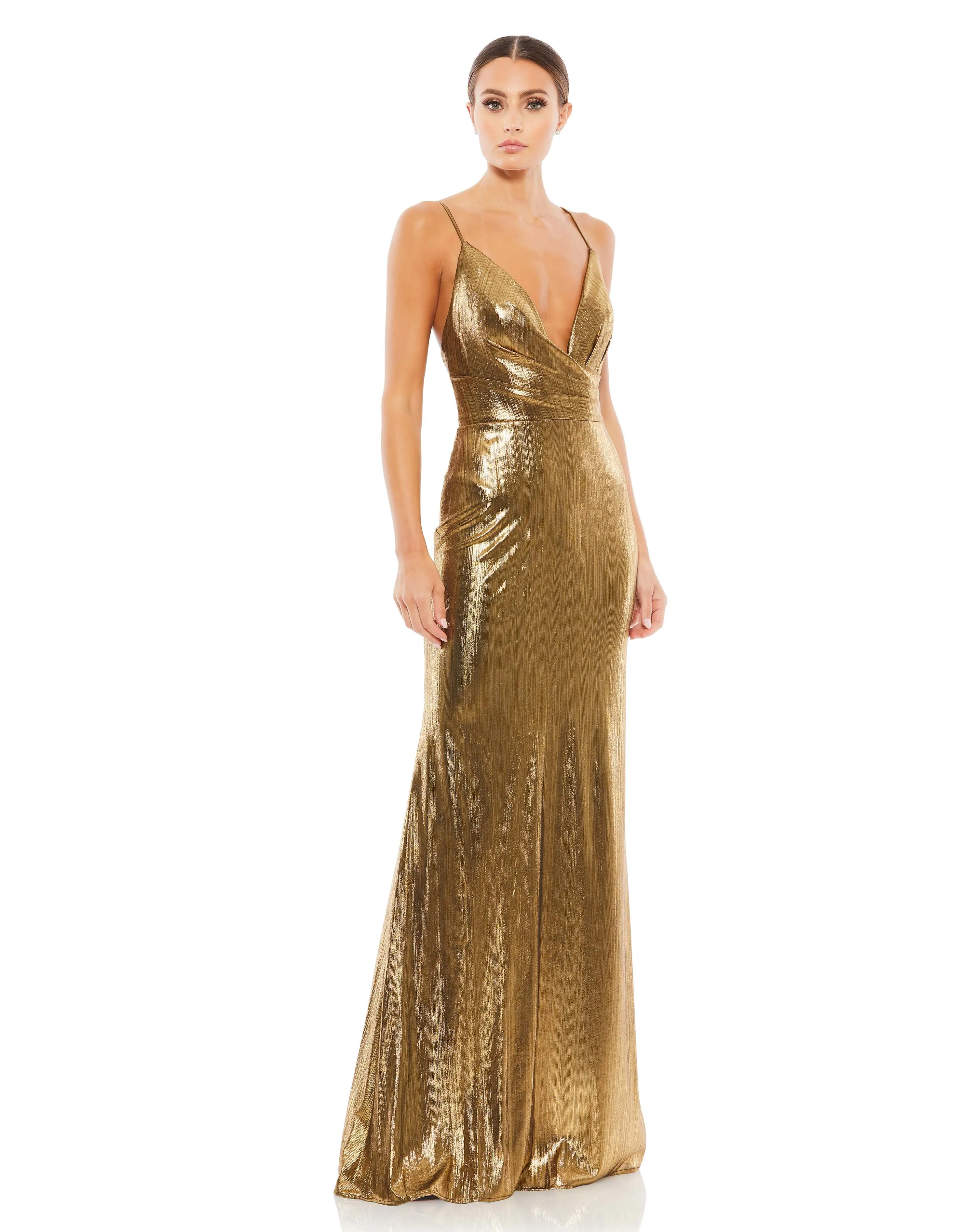 Metallic faux wrap spaghetti strap gown - Black