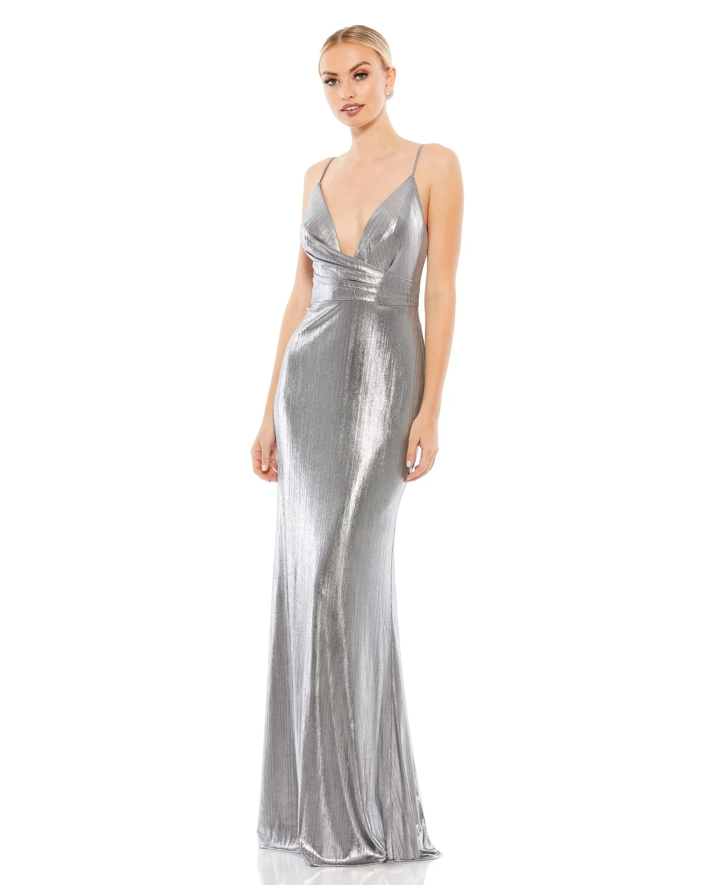 Metallic faux wrap spaghetti strap gown - Black