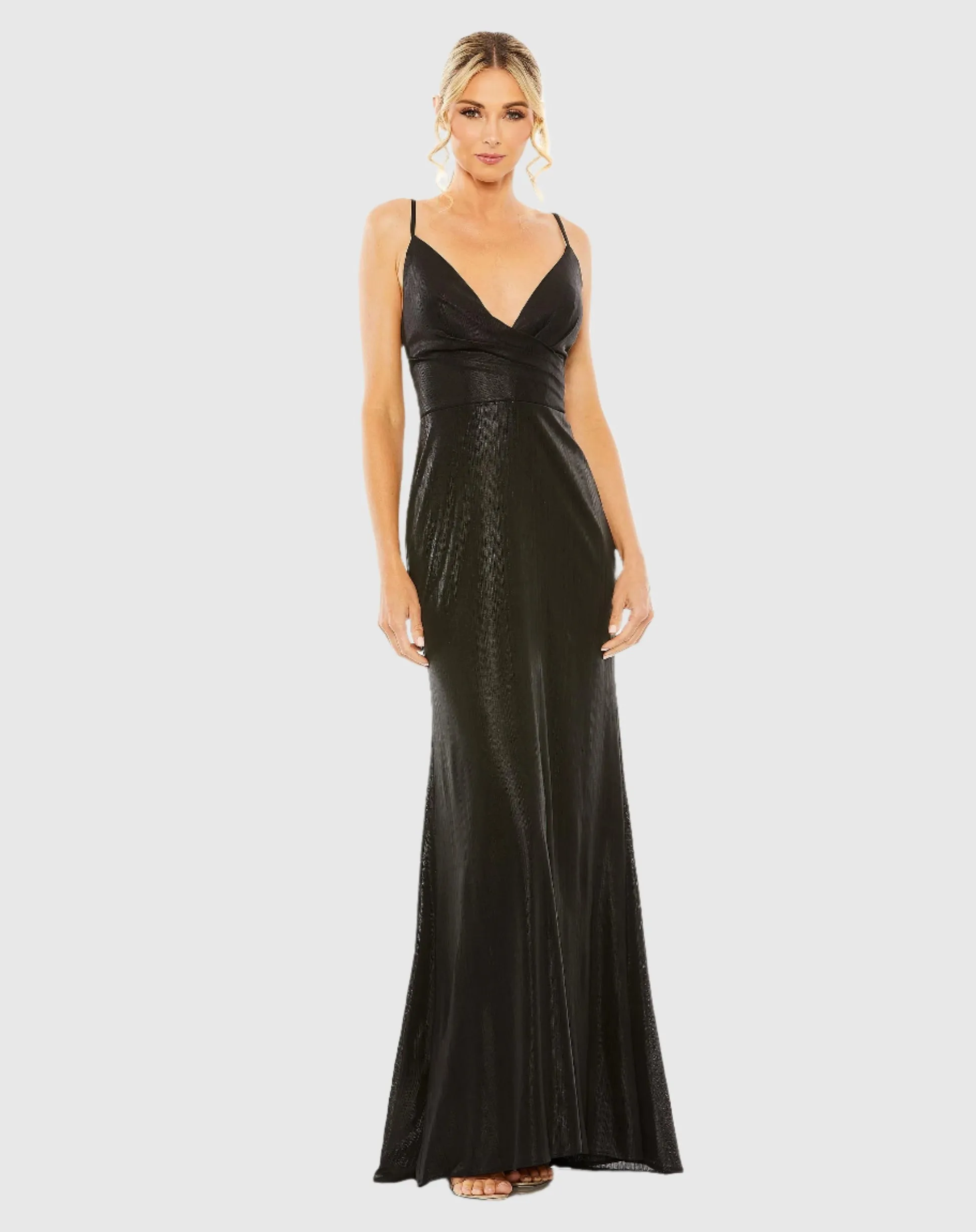 Metallic faux wrap spaghetti strap gown - Black
