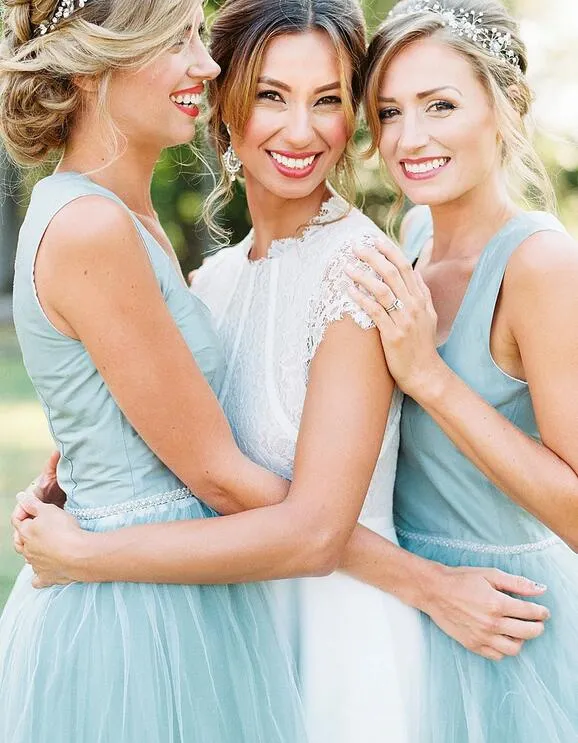 Mint Tea Length Tulle Bridesmaid Dresses, Simple A-line Wedding Guest Dresses