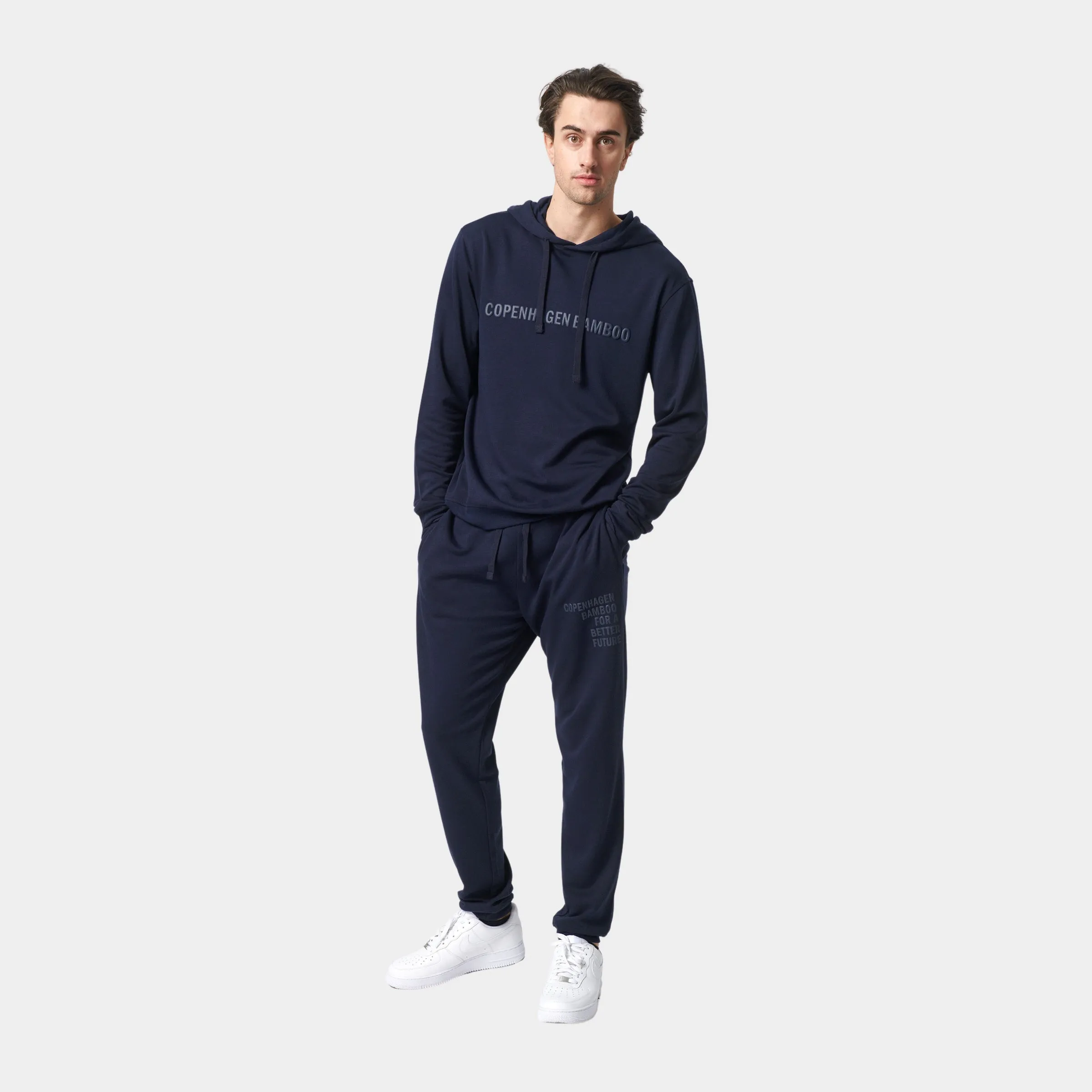 Navy bambus hoodie joggingsæt med logo