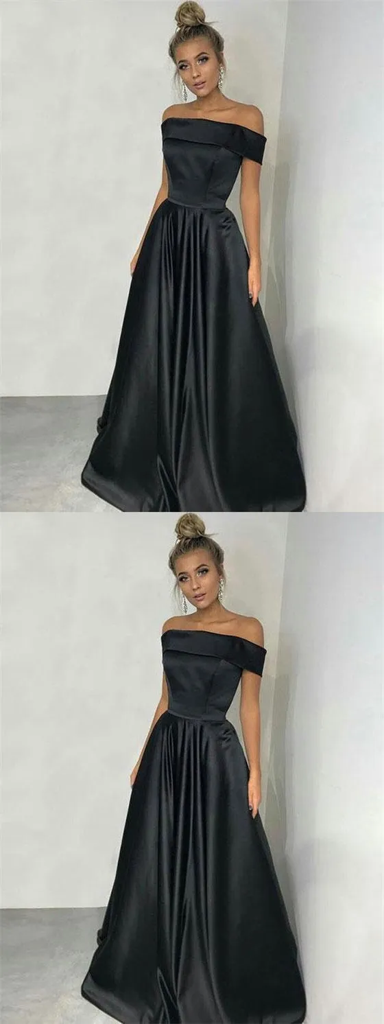 Off Shoulder Black Satin Long A-line Simple Prom  Dresses