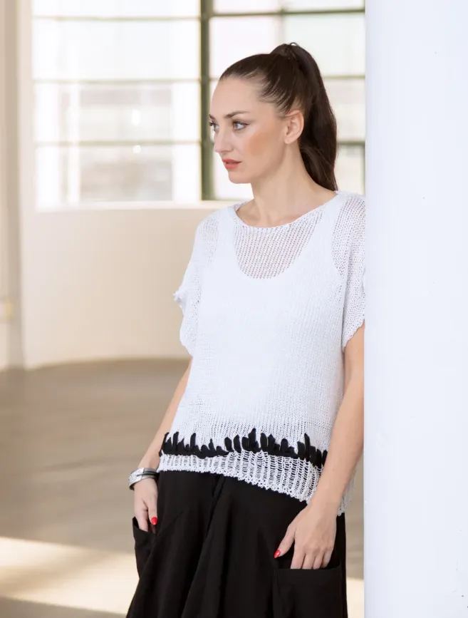 Open loop sweater with trim, knitted with a novelty contrasting yarn