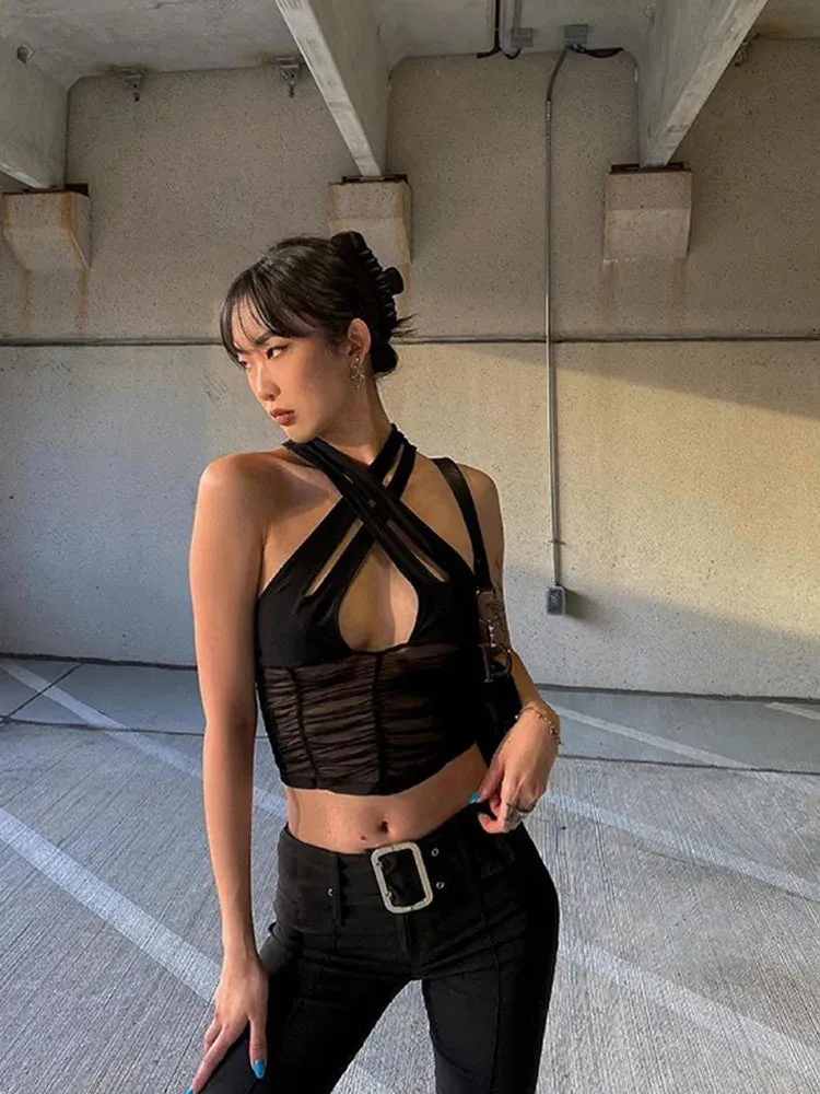 Patchwork Mesh Clubwear Fashion Solid Vest Short Sleeve Tee