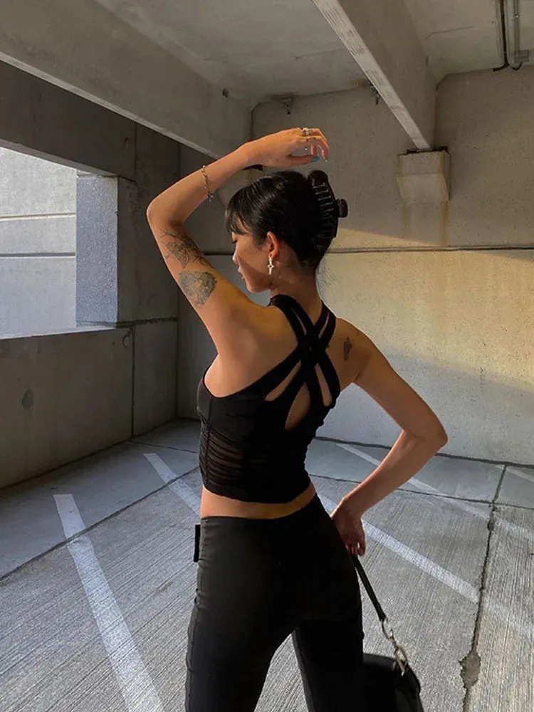 Patchwork Mesh Clubwear Fashion Solid Vest Short Sleeve Tee