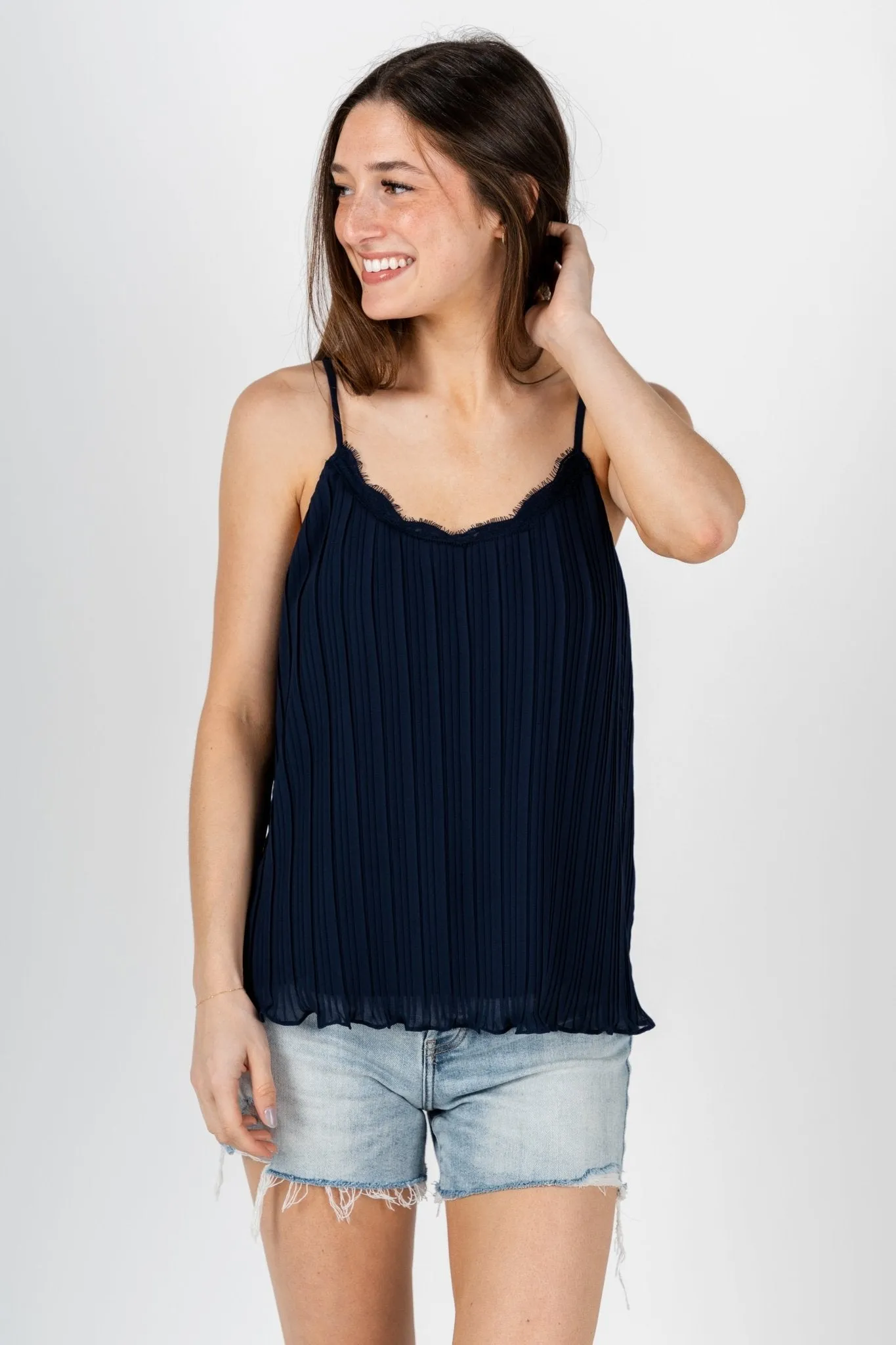 Pleated lace cami tank top navy