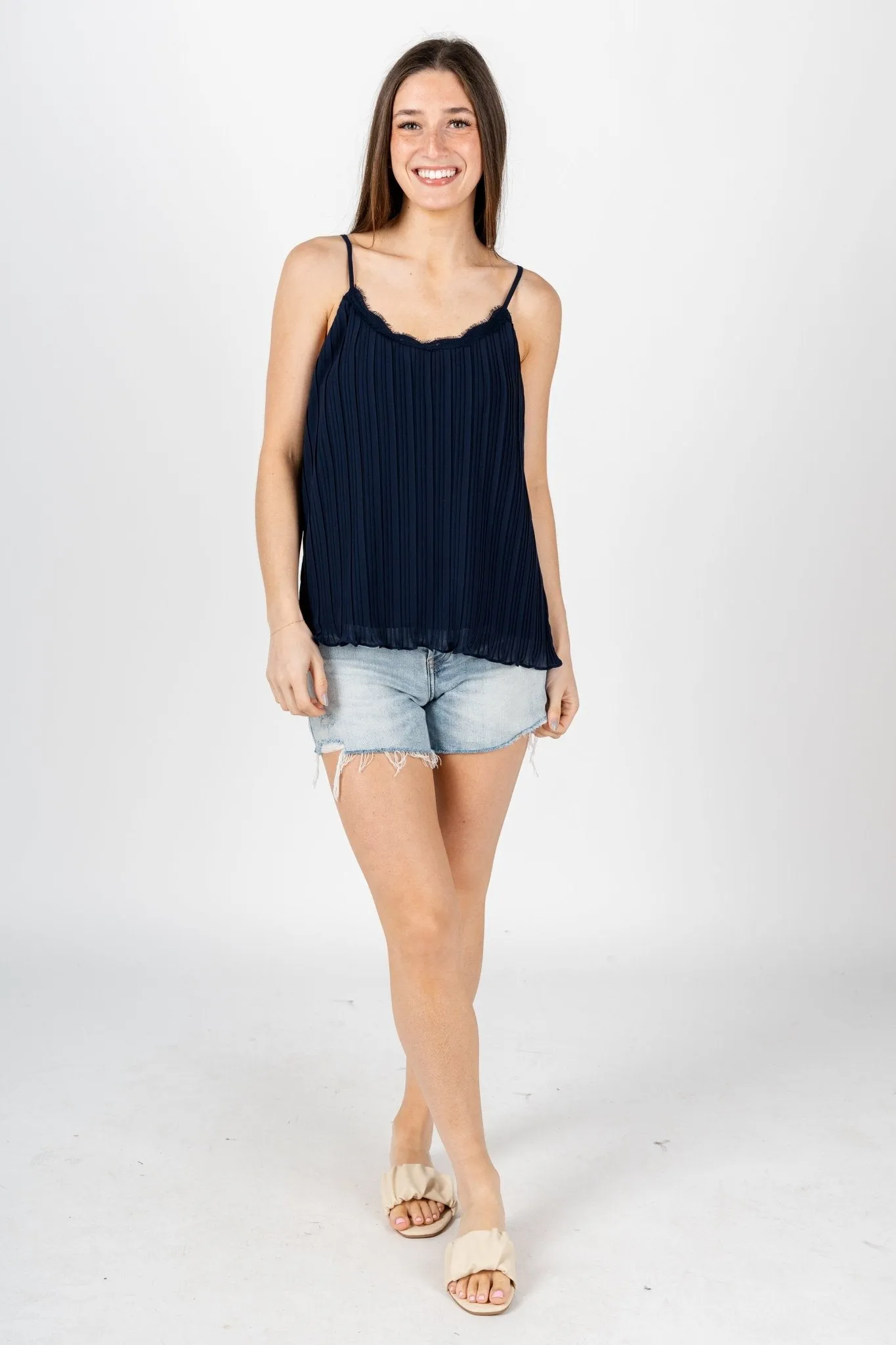 Pleated lace cami tank top navy