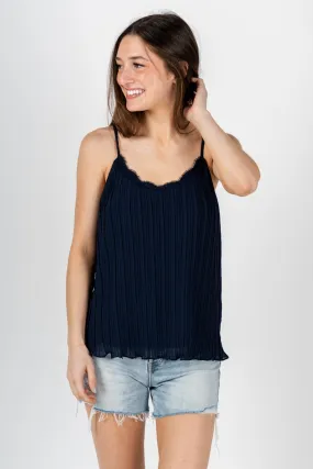 Pleated lace cami tank top navy