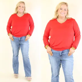 Plus Size | It's That Simple Solid V Neck Long Sleeve Tee in Red