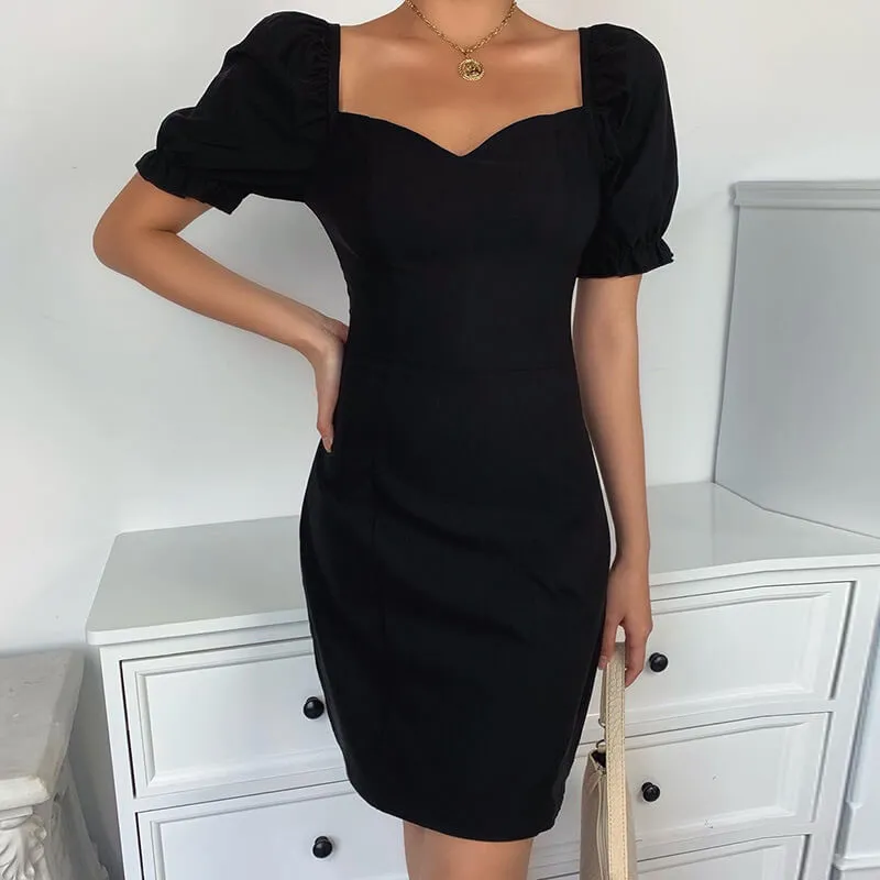 Puff Sleeve Square Neck Tight Dress