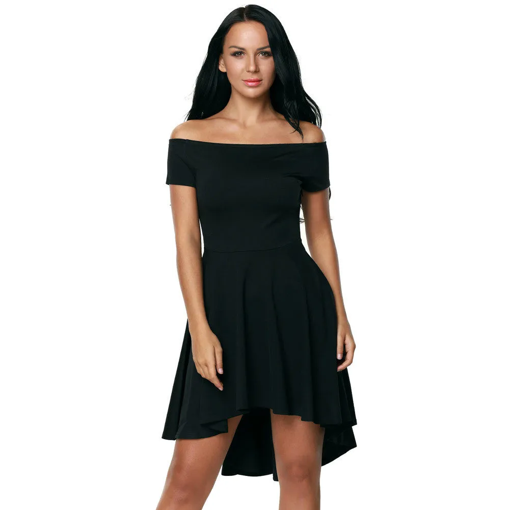 Pure Color Off-Shoulder Flared Irregular Short Dress