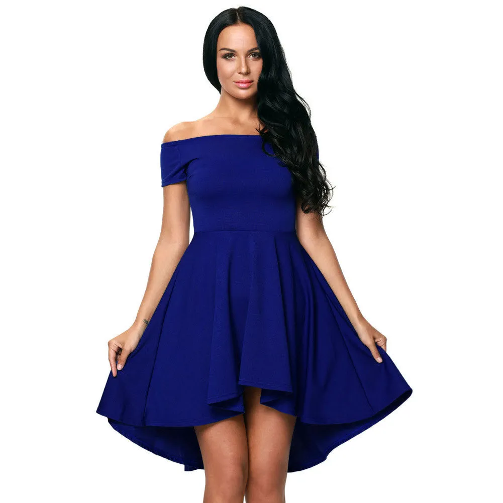 Pure Color Off-Shoulder Flared Irregular Short Dress
