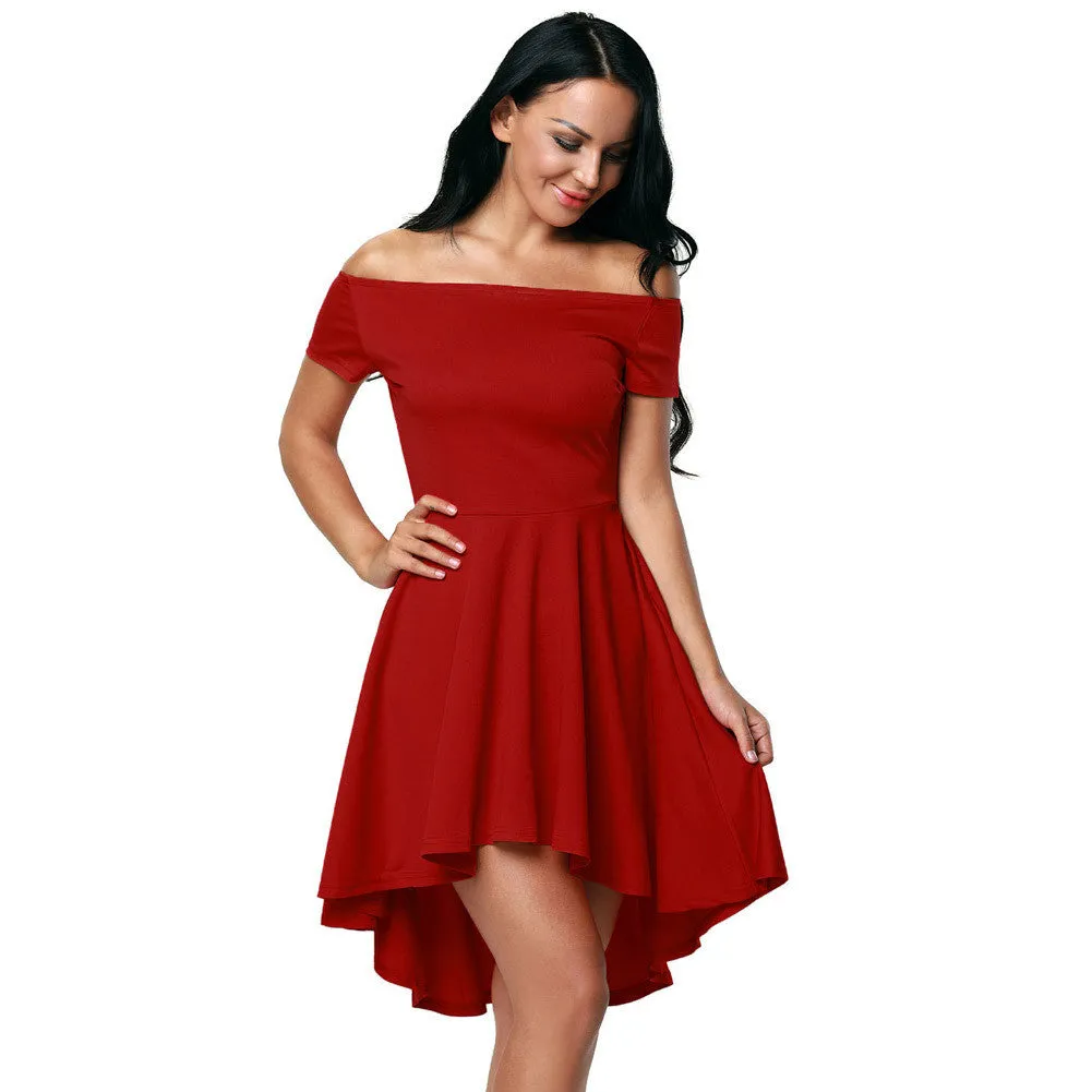 Pure Color Off-Shoulder Flared Irregular Short Dress