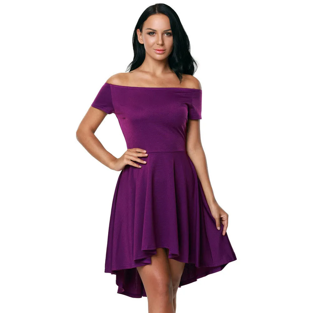 Pure Color Off-Shoulder Flared Irregular Short Dress