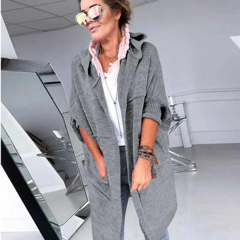 Pure Color Pockets Hooded Knit Cardigan Sweater