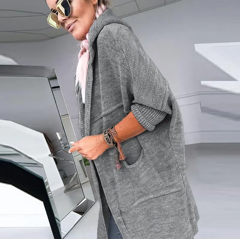 Pure Color Pockets Hooded Knit Cardigan Sweater
