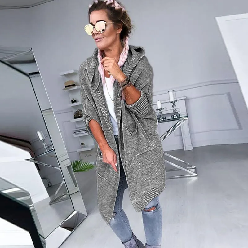 Pure Color Pockets Hooded Knit Cardigan Sweater