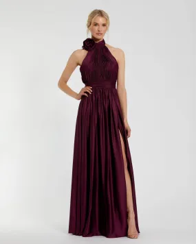 Purple Soft Tie Halter Neck High Slit Gown - Eggplant