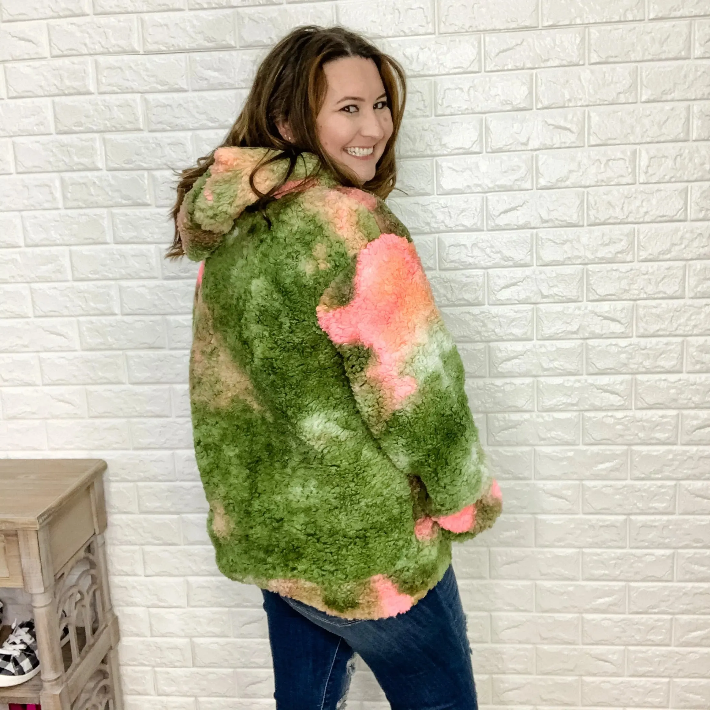 "Mama LLama" Tie Dye Sherpa Hoodie (Olive & Pink)