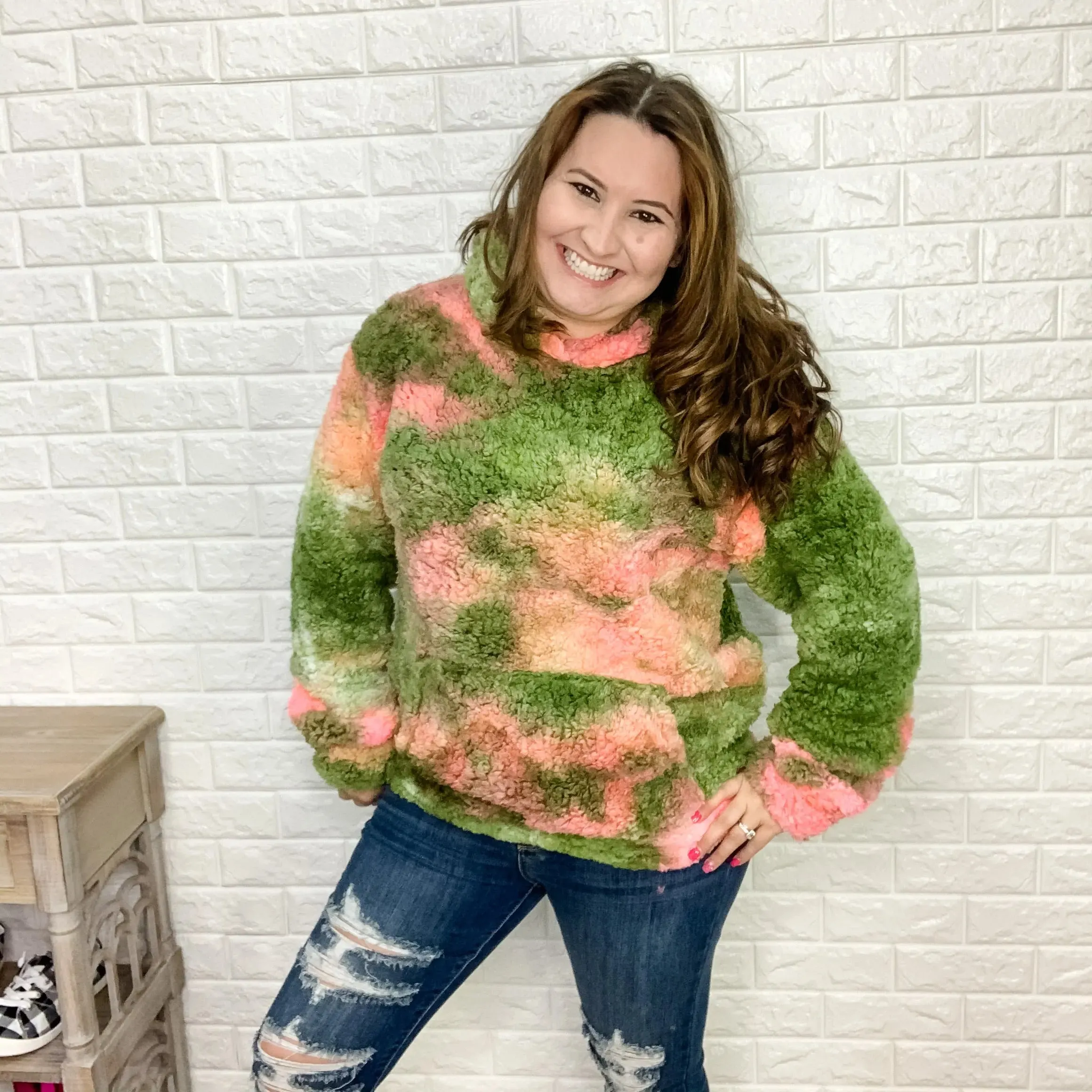 "Mama LLama" Tie Dye Sherpa Hoodie (Olive & Pink)