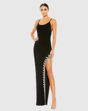 Rhinestone encrusted side slit cami bodycon gown - Black
