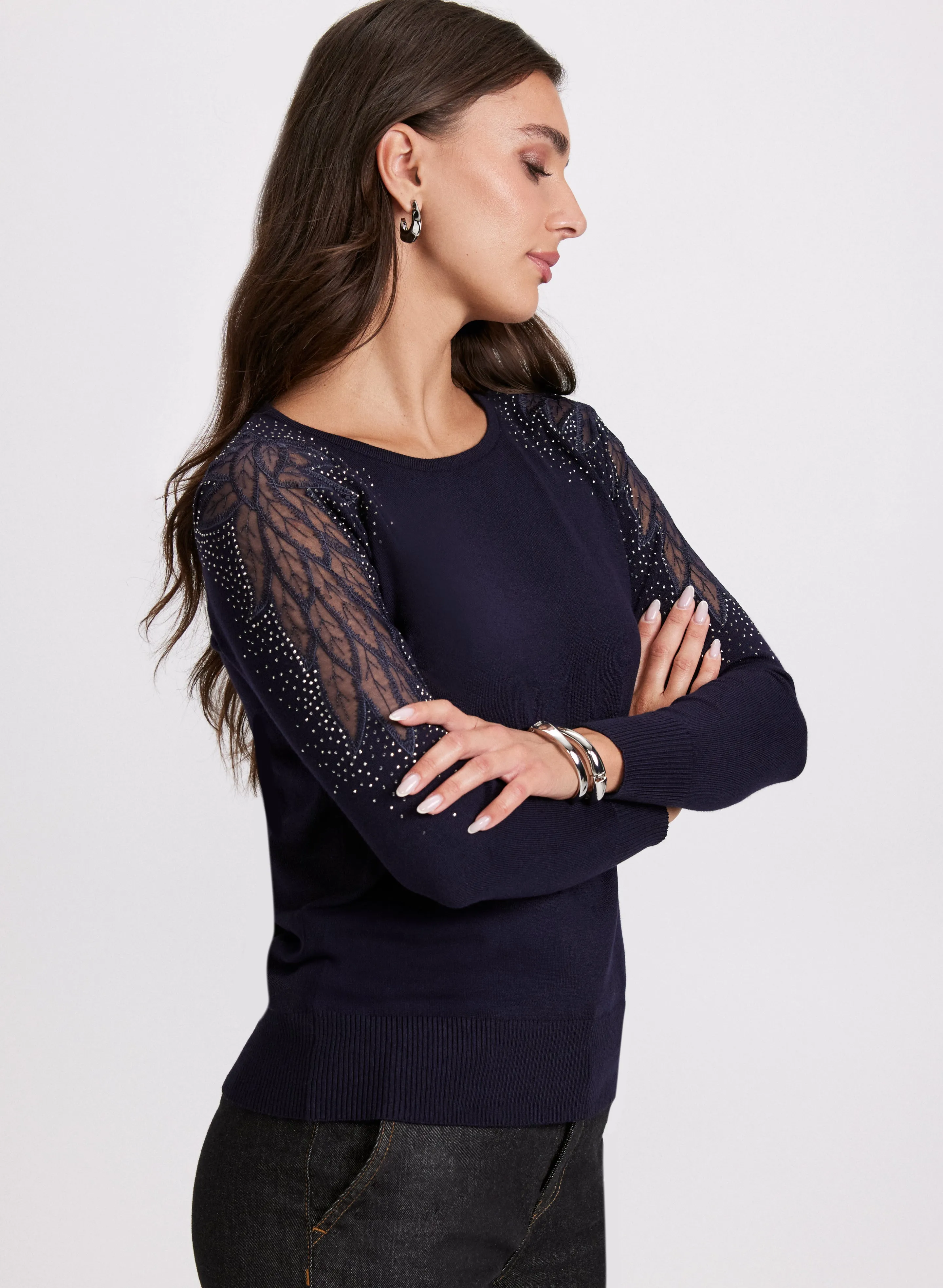 Rhinestone Mesh Sleeves Sweater
