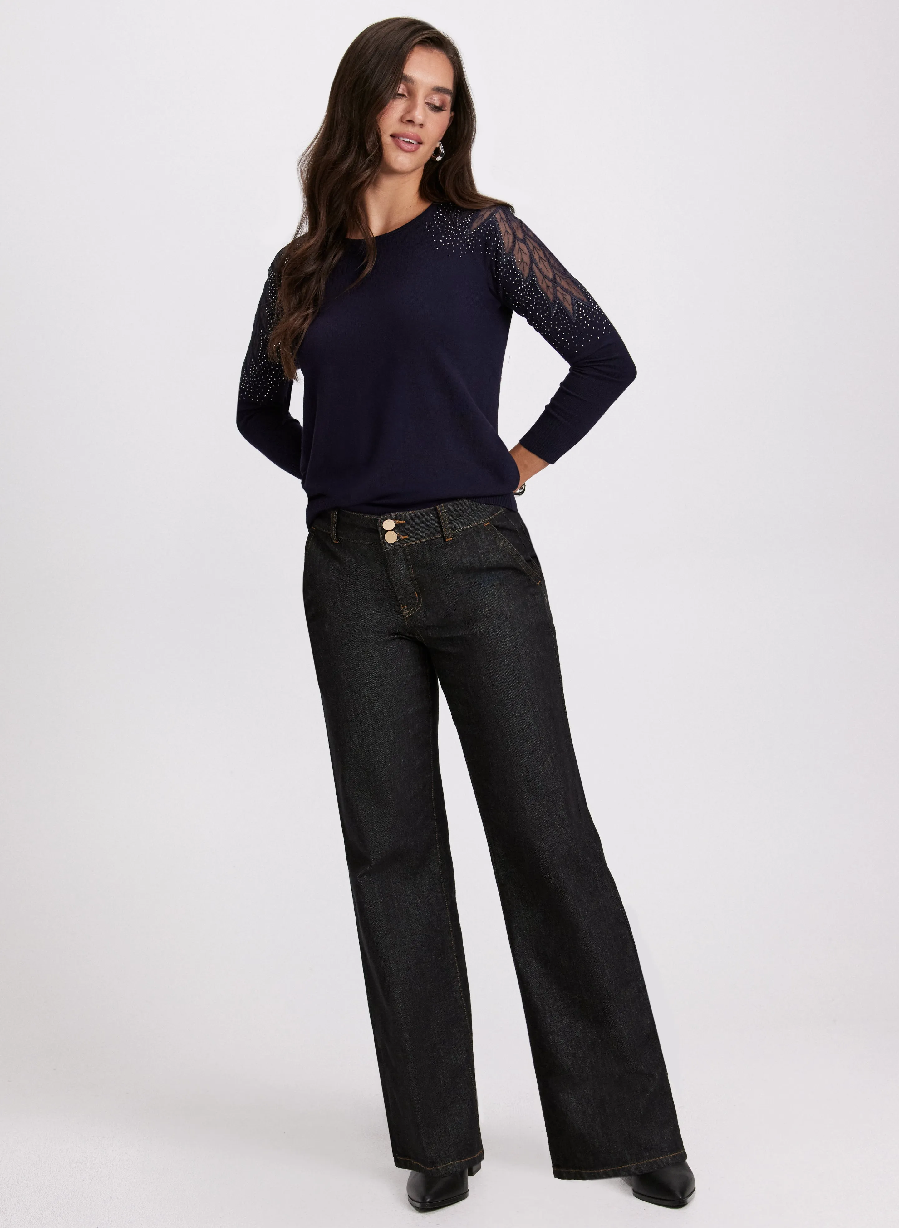 Rhinestone Mesh Sleeves Sweater