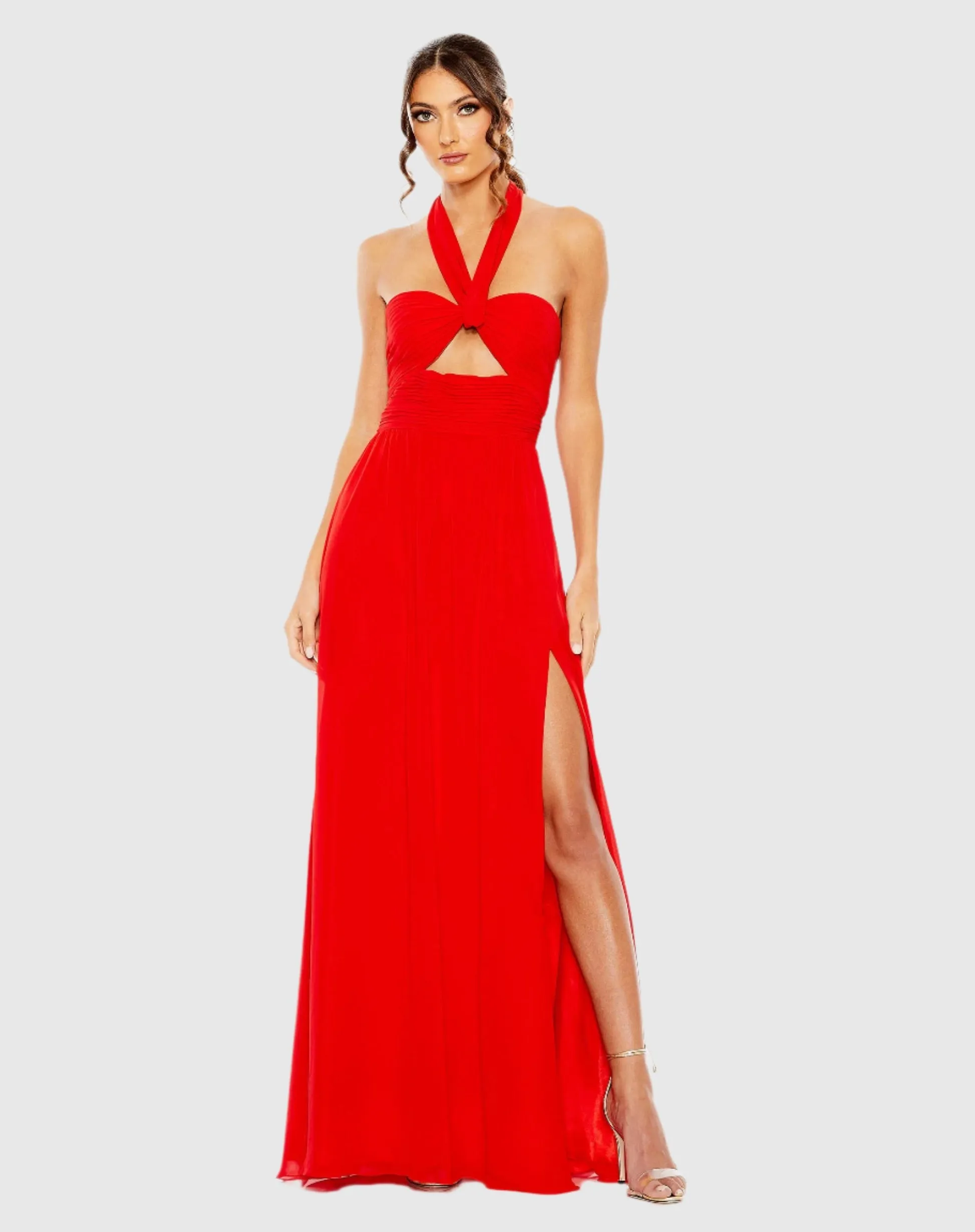 Ruched halter strap keyhole chiffon gown - Yellow