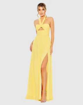 Ruched halter strap keyhole chiffon gown - Yellow