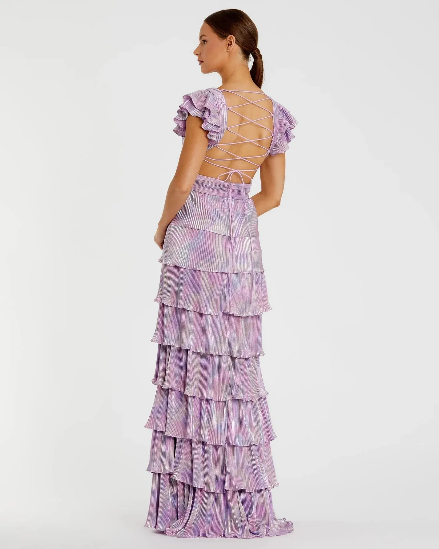 Ruffle tiered criss cross lace up gown - Purple