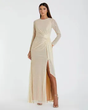 Sequin ruched long sleeve boat neck gown - Pearl