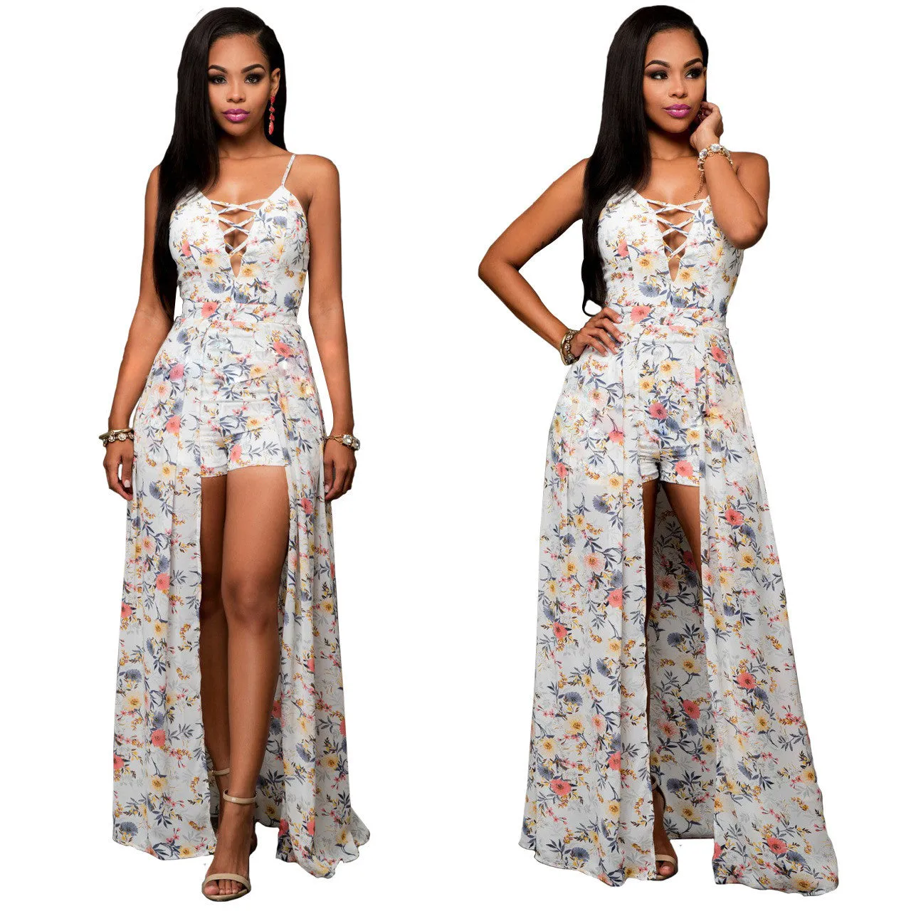 Sexy Chiffon Spaghetti Strap Print Irregular Long Dress