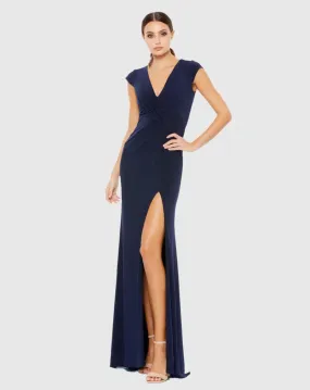 Short sleeve ruched jersey V neck gown - Navy