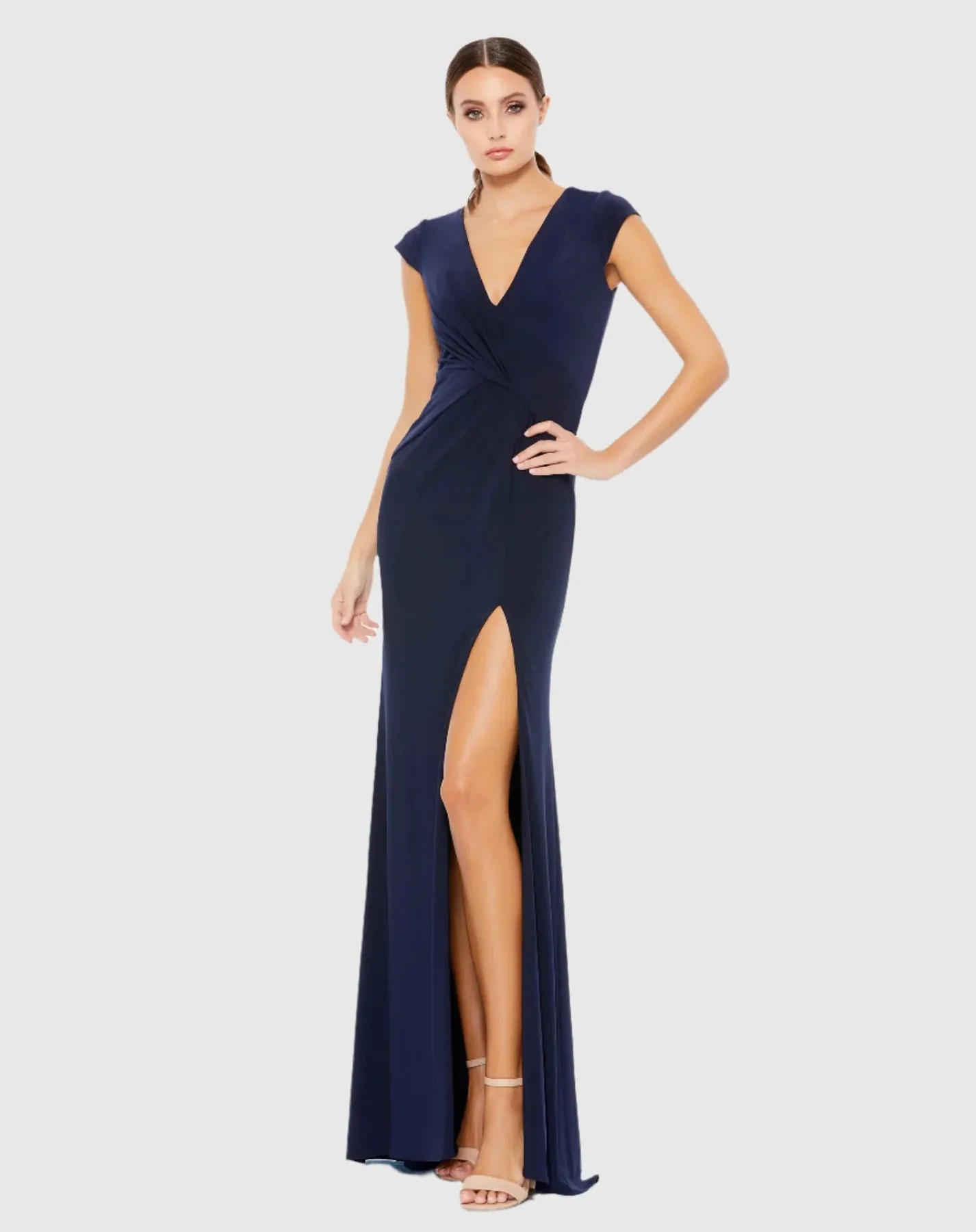 Short sleeve ruched jersey V neck gown - Navy