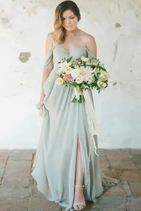 Simple A-Line Off the Shoulder Chiffon Long Bridesmaid Dresses with Split