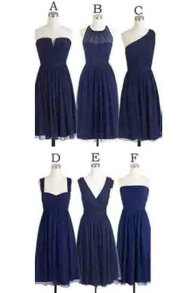 Simple Cheap Short Navy Blue Chiffon Sleeveless Bridesmaid Dresses OK440
