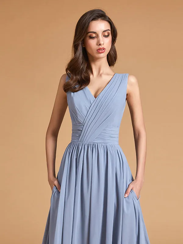 Simple Dusty Blue Pleated Chiffon Bridesmaid Dresses