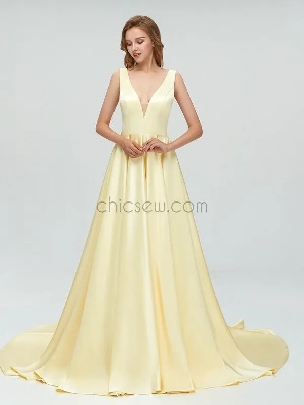 Simple V-neck A-line Yellow Long Prom Dresses SDP1112