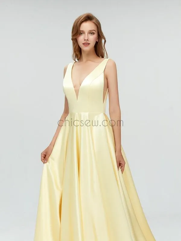 Simple V-neck A-line Yellow Long Prom Dresses SDP1112