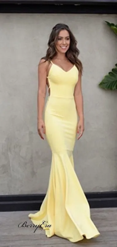 Simple V-neck Long Mermaid Yellow Jersey Prom Dresses, Cheap Prom Dresses