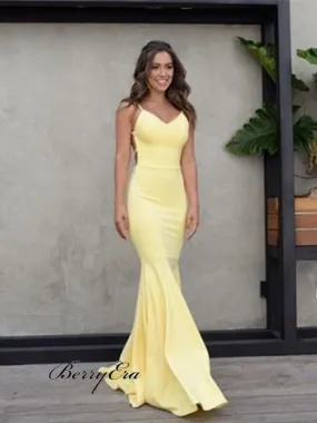 Simple V-neck Long Mermaid Yellow Jersey Prom Dresses, Cheap Prom Dresses