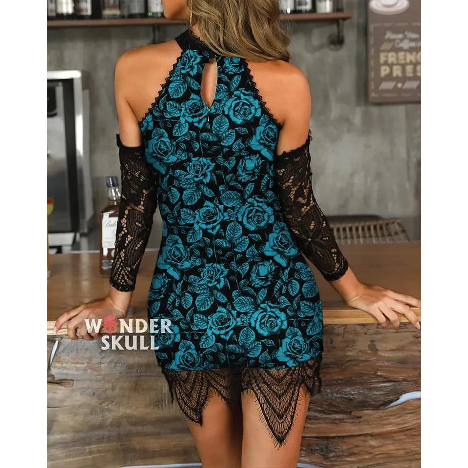 Skull Rose Eyelash Lace Bodycon Dress, Mini Dresses For Sexy Women