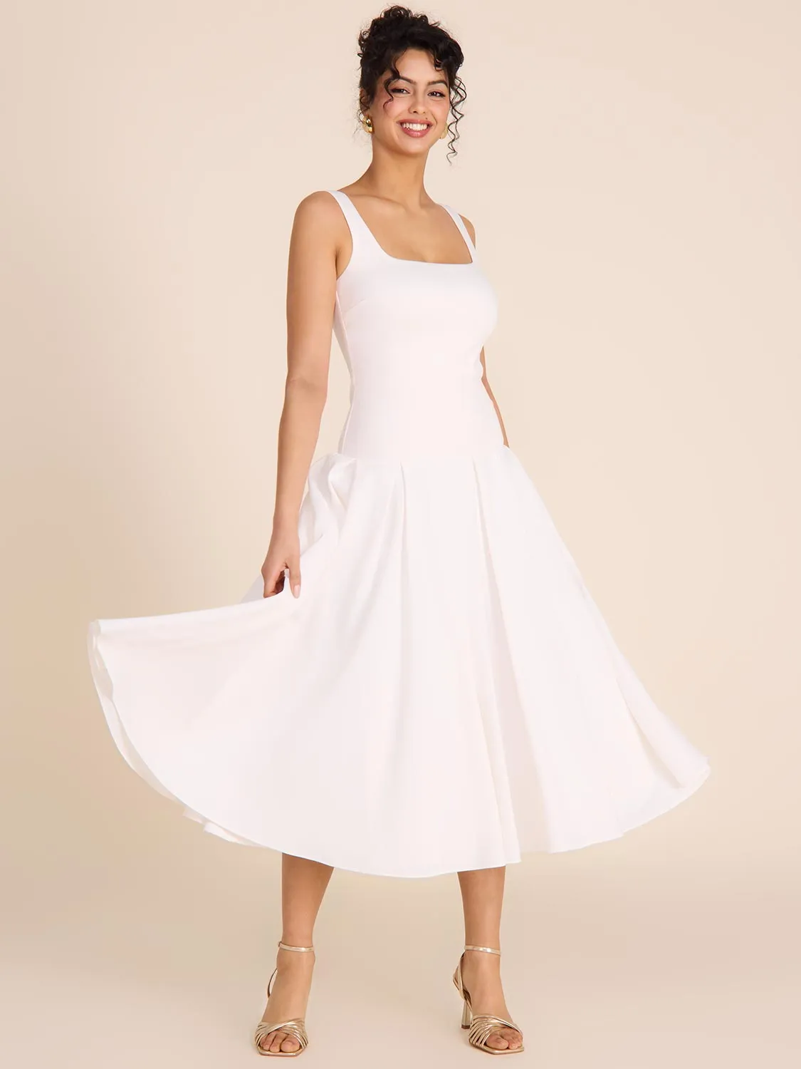 Sleeveless Midi Dress With Taffeta Skirt