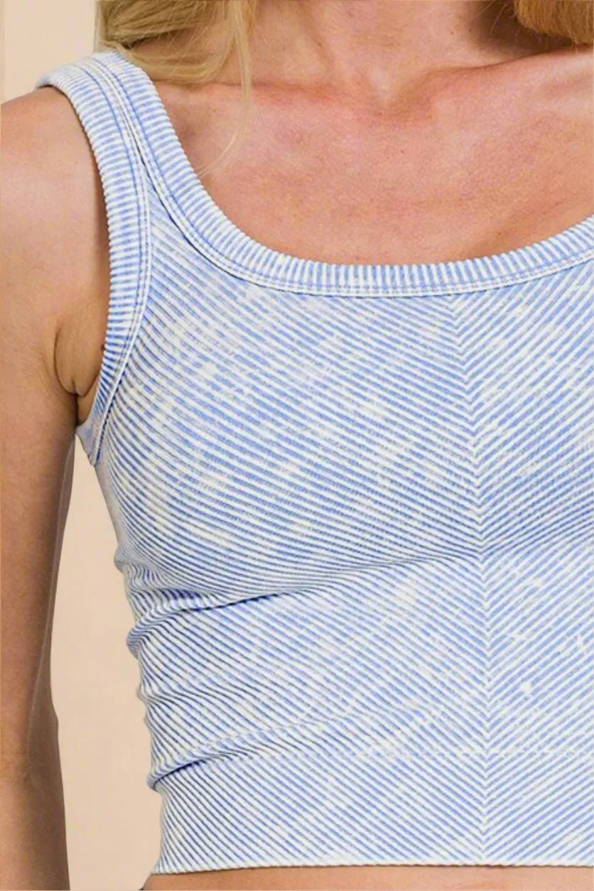 Spring Blue Washed Rib Knit Crop Tank Top