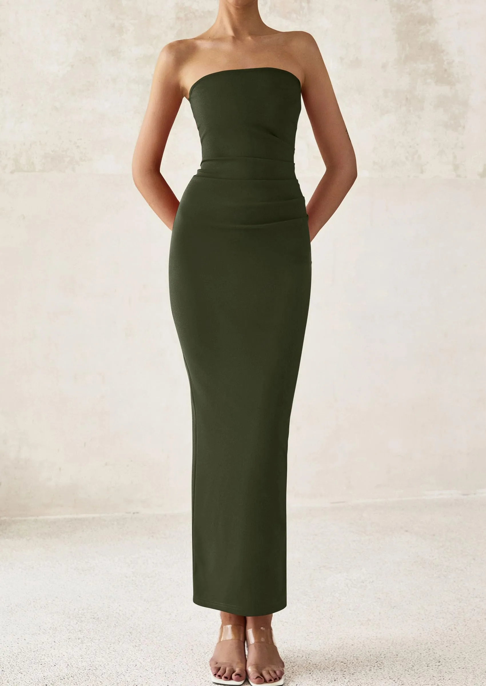 Strapless Tube Bodycon Ruched Slit Maxi Dresses