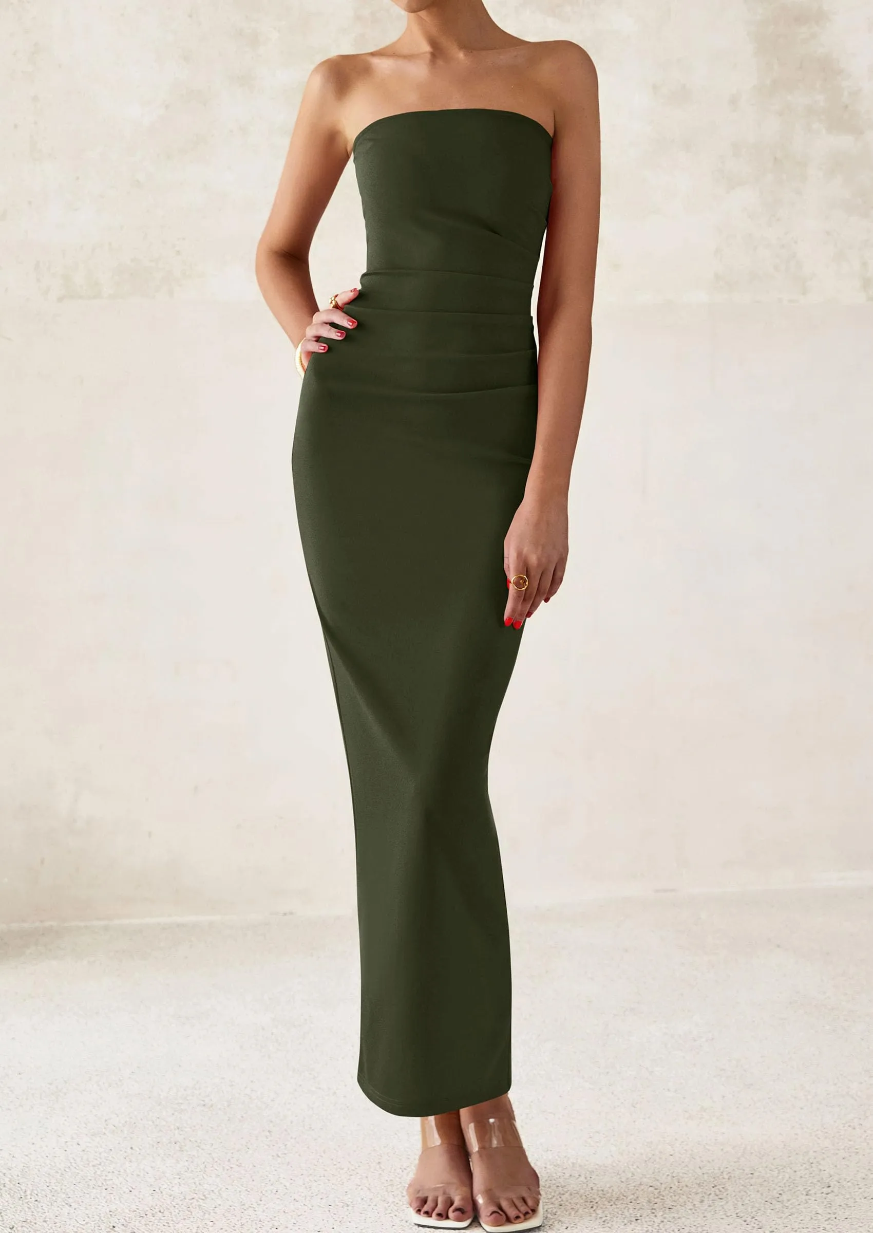Strapless Tube Bodycon Ruched Slit Maxi Dresses