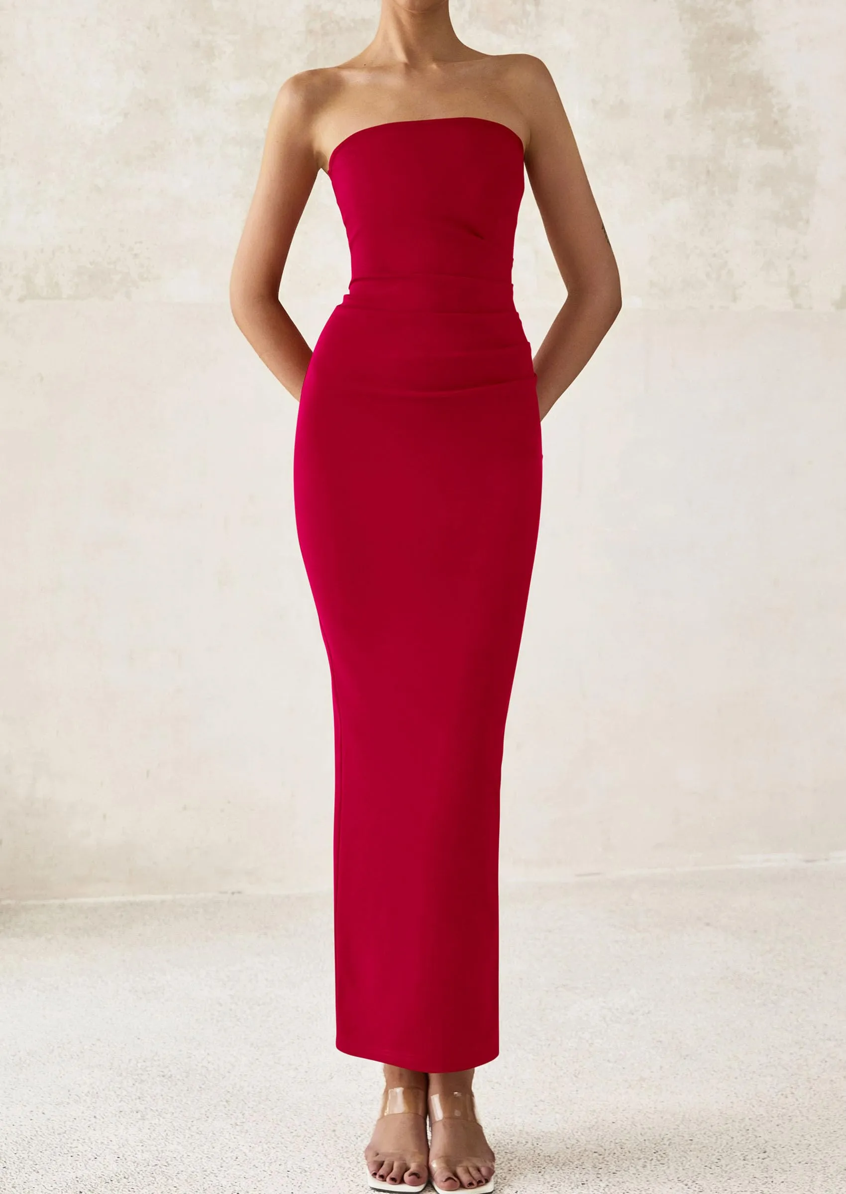 Strapless Tube Bodycon Ruched Slit Maxi Dresses