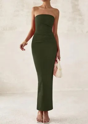 Strapless Tube Bodycon Ruched Slit Maxi Dresses